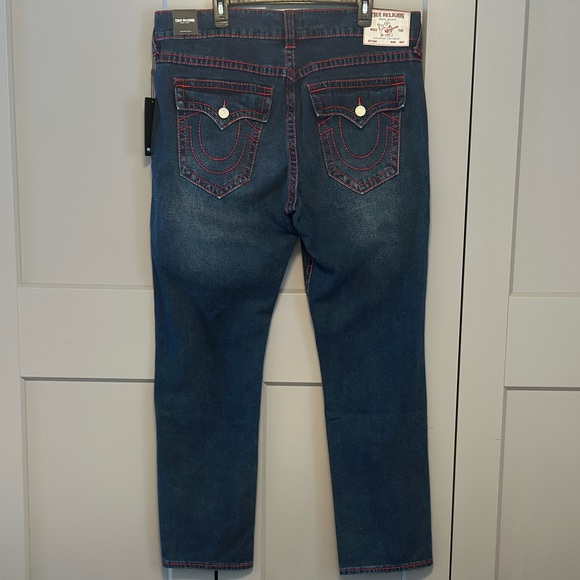 True Religion Geno Jeans 38x32 Big T Flap Slim Dark Woodland Red Stitch Denim